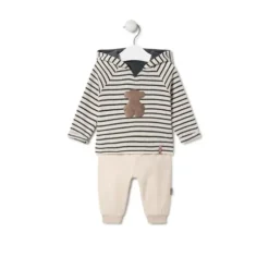 Boys outfit made from plain and striped fabrics in Black ecru
