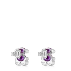 Srebrne kolczyki Color Bear LGG 13 mm z motywem misia z laboratoryjnie hodowanym szafirem liliowego koloru